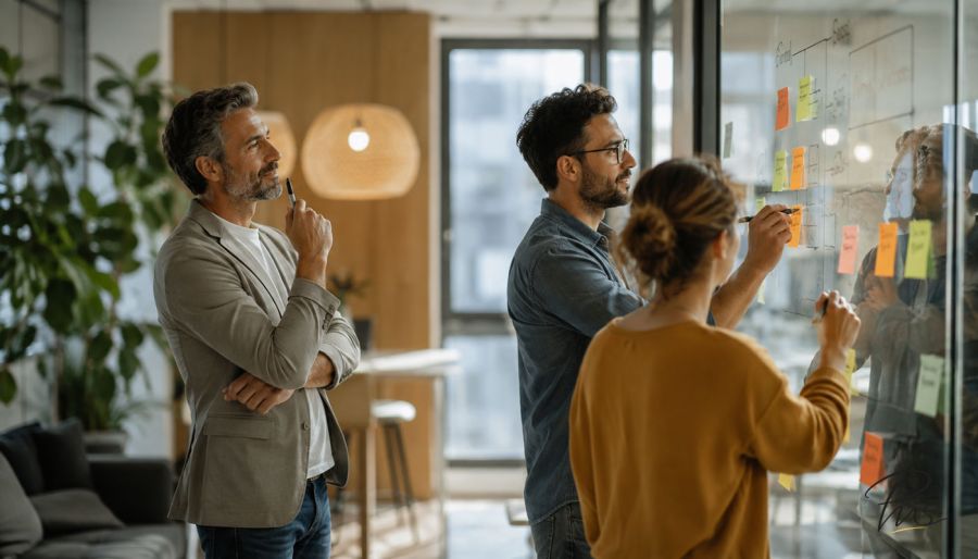 Manager observant son équipe en situation de réflexion et de travail collaboratif.